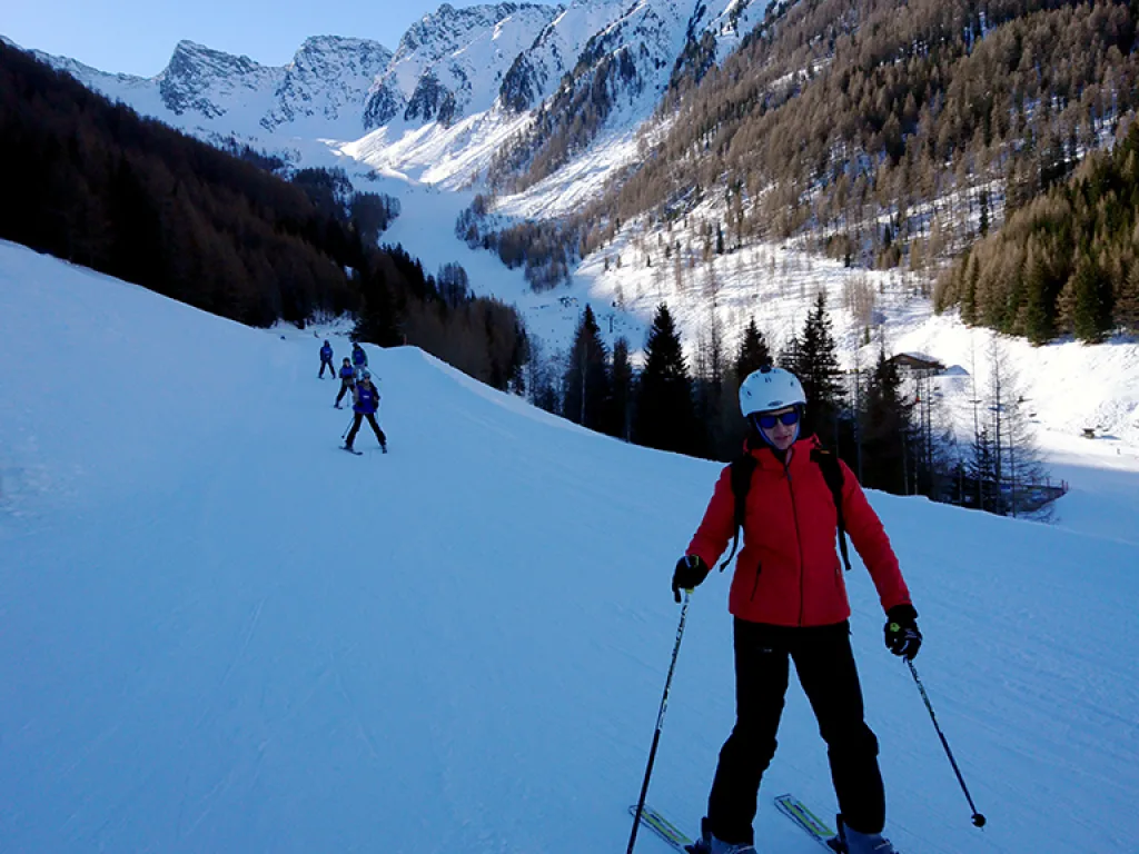 Skifahrerin in roter Jacke auf der Piste vor der Bergkulisse.